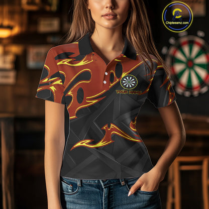 Custom Black And Orange Tribal Flame Dart Shirts For Women, Darts Team Jerseys Polo & Quarter Zip TDM4285