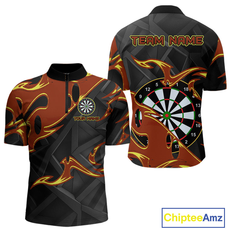 Custom Black And Orange Tribal Flame Dart Shirts For Men, Darts Team Jerseys Polo & Quarter Zip TDM4285