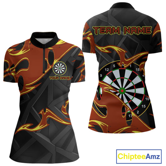 Custom Black And Orange Tribal Flame Dart Shirts For Women, Darts Team Jerseys Polo & Quarter Zip TDM4285
