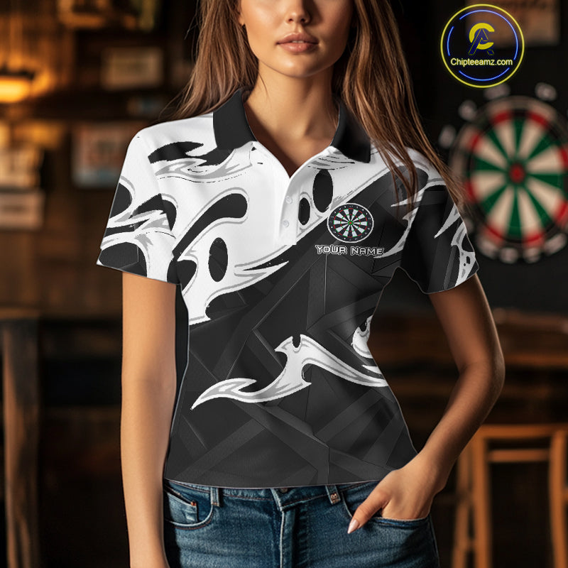 Custom Black And White Tribal Flame Dart Shirts For Women, Darts Team Jerseys Polo & Quarter Zip TDM4286