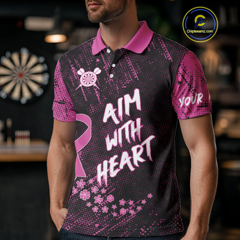 Aim With Heart Pink Ribbon Darts Shirt For Men Custom Breast Cancer Awareness Darts Jersey TDM4469