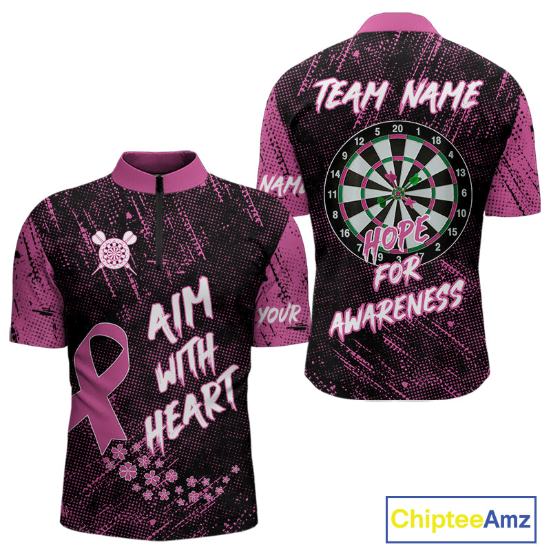 Aim With Heart Pink Ribbon Darts Shirt For Men Custom Breast Cancer Awareness Darts Jersey TDM4469