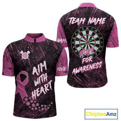 Aim With Heart Pink Ribbon Darts Shirt For Men Custom Breast Cancer Awareness Darts Jersey TDM4469