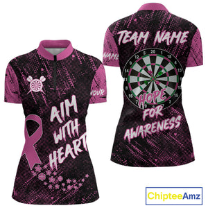 Aim With Heart Pink Ribbon Darts Shirt For Women Custom Breast Cancer Awareness Darts Jersey TDM4469