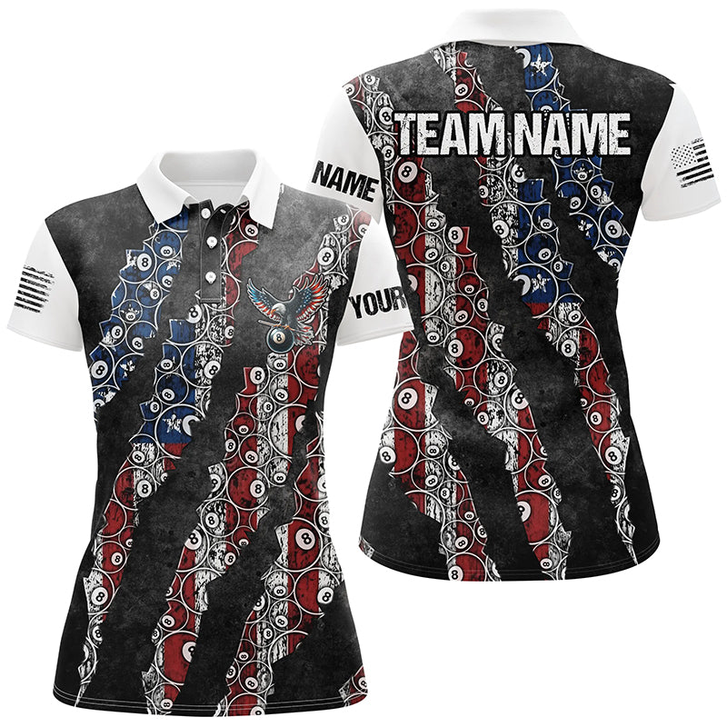 Grunge American Flag 8 Ball Pattern Custom Billiard Shirts For Women, Patriotic Billiard Jerseys TDM2399