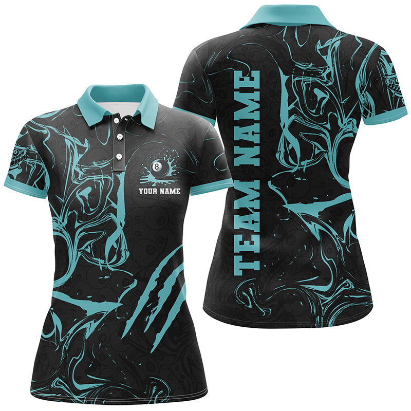 Personalized Black And Turquoise Grunge Billiard Polo, 1/4 Zip Shirts For Women, Billiard Jerseys TDM2400