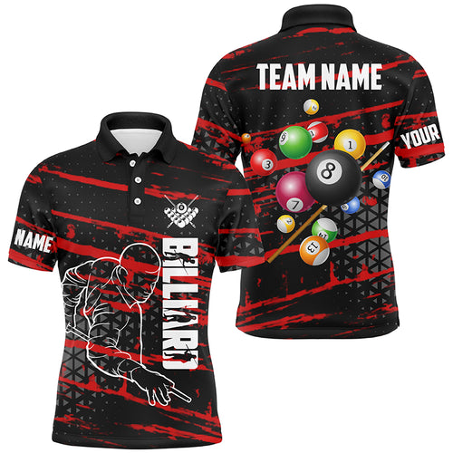 Personalized Red Grunge Billiard 3D Polo & Quarter-Zip Shirts For Men, Billiard Jerseys Team Player TDM2404