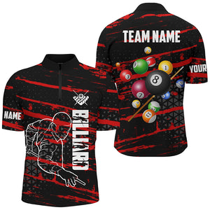 Personalized Red Grunge Billiard 3D Polo & Quarter-Zip Shirts For Men, Billiard Jerseys Team Player TDM2404