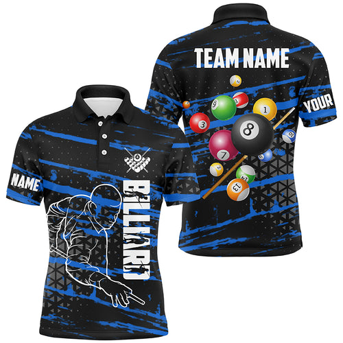 Personalized Blue Grunge Billiard 3D Polo & Quarter-Zip Shirts For Men, Billiard Jerseys Team Player TDM2405