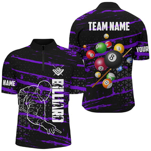 Personalized Purple Grunge Billiard 3D Polo & Quarter-Zip Shirts For Men, Billiard Jerseys Team Player TDM2406