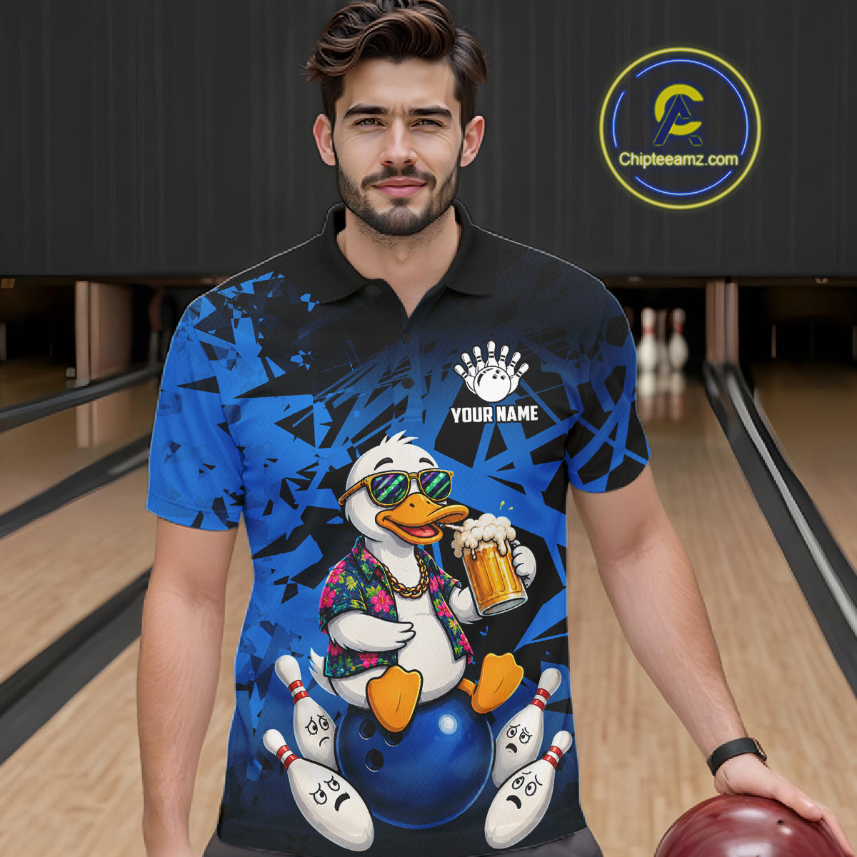 Personalized Blue Funny Duck Beer Bowling Jersey For Men Bowling Team Shirt, Gift For Bowlers TDM7396