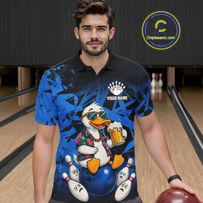 Personalized Blue Funny Duck Beer Bowling Jersey For Men Bowling Team Shirt, Gift For Bowlers TDM7396
