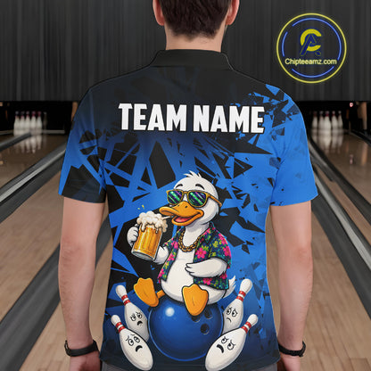 Personalized Blue Funny Duck Beer Bowling Jersey For Men Bowling Team Shirt, Gift For Bowlers TDM7396
