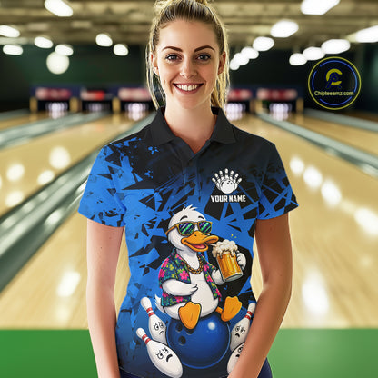 Personalized Blue Funny Duck Beer Bowling Jersey For Women Bowling Team Shirt, Gift For Bowlers TDM7396
