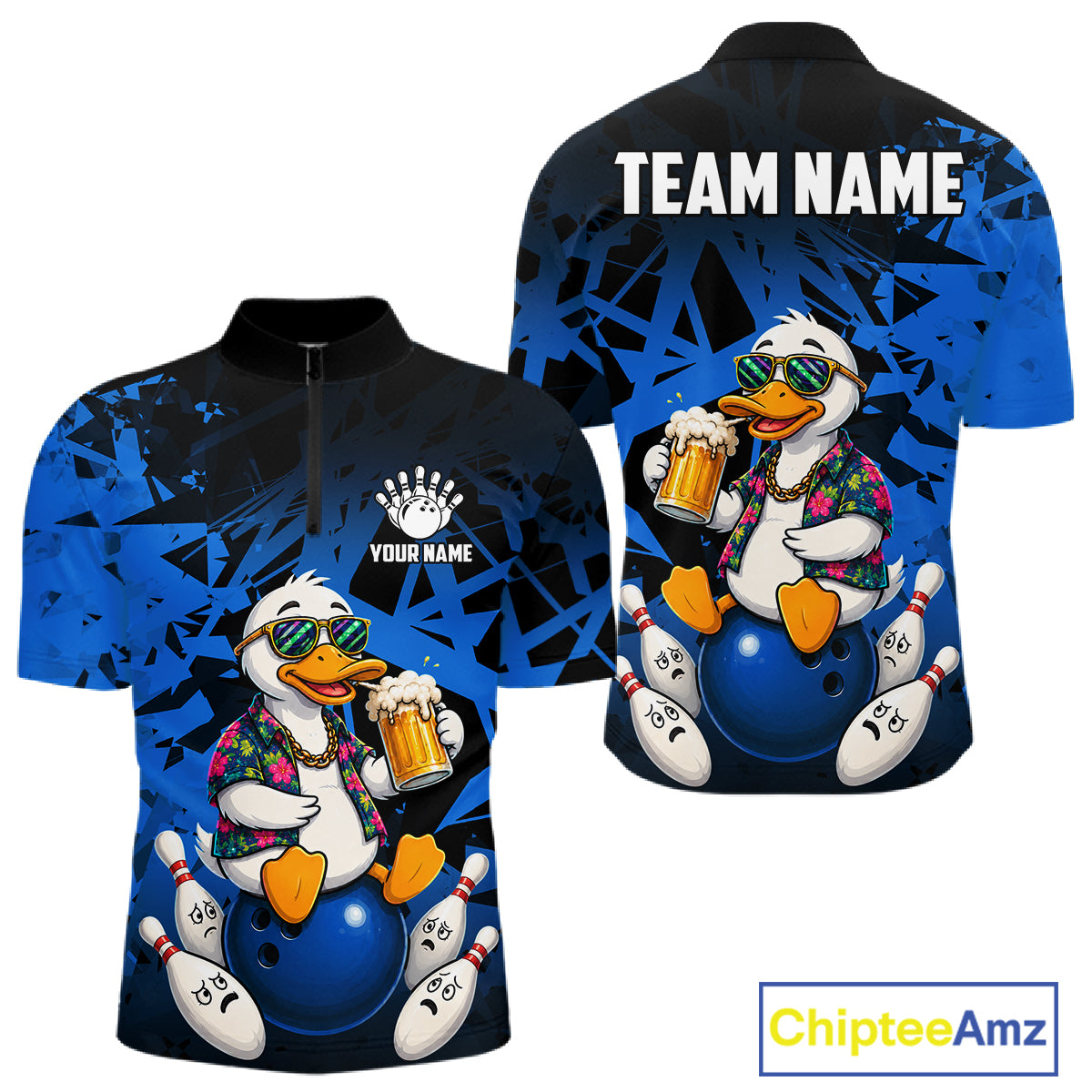 Personalized Blue Funny Duck Beer Bowling Jersey For Men Bowling Team Shirt, Gift For Bowlers TDM7396
