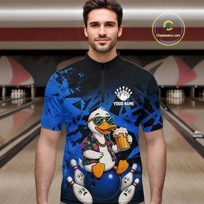 Personalized Blue Funny Duck Beer Bowling Jersey For Men Bowling Team Shirt, Gift For Bowlers TDM7396