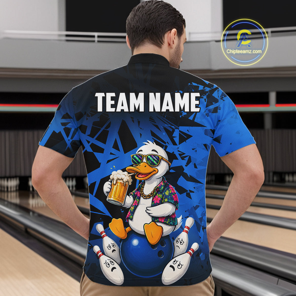 Personalized Blue Funny Duck Beer Bowling Jersey For Men Bowling Team Shirt, Gift For Bowlers TDM7396