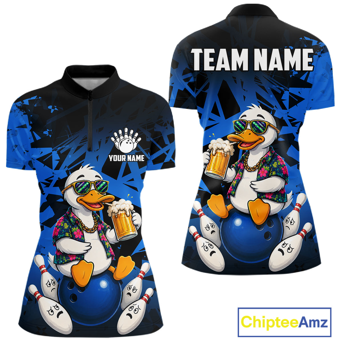 Personalized Blue Funny Duck Beer Bowling Jersey For Women Bowling Team Shirt, Gift For Bowlers TDM7396