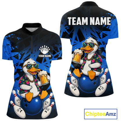 Personalized Blue Funny Duck Beer Bowling Jersey For Women Bowling Team Shirt, Gift For Bowlers TDM7396