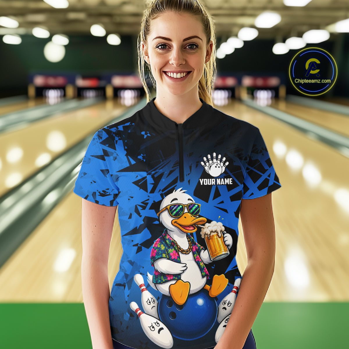 Personalized Blue Funny Duck Beer Bowling Jersey For Women Bowling Team Shirt, Gift For Bowlers TDM7396