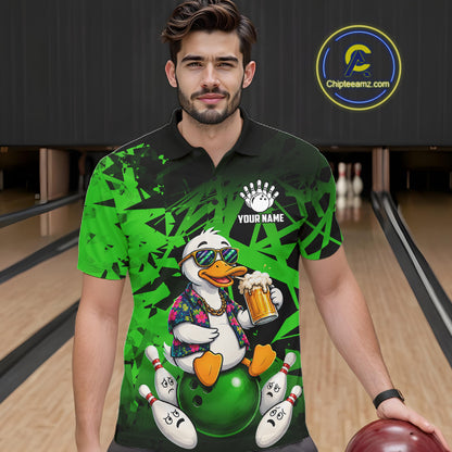 Personalized Green Funny Duck Beer Bowling Jersey For Men Bowling Team Shirt, Gift For Bowlers TDM7397