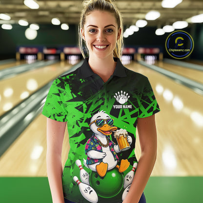 Personalized Green Funny Duck Beer Bowling Jersey For Women Bowling Team Shirt, Gift For Bowlers TDM7397