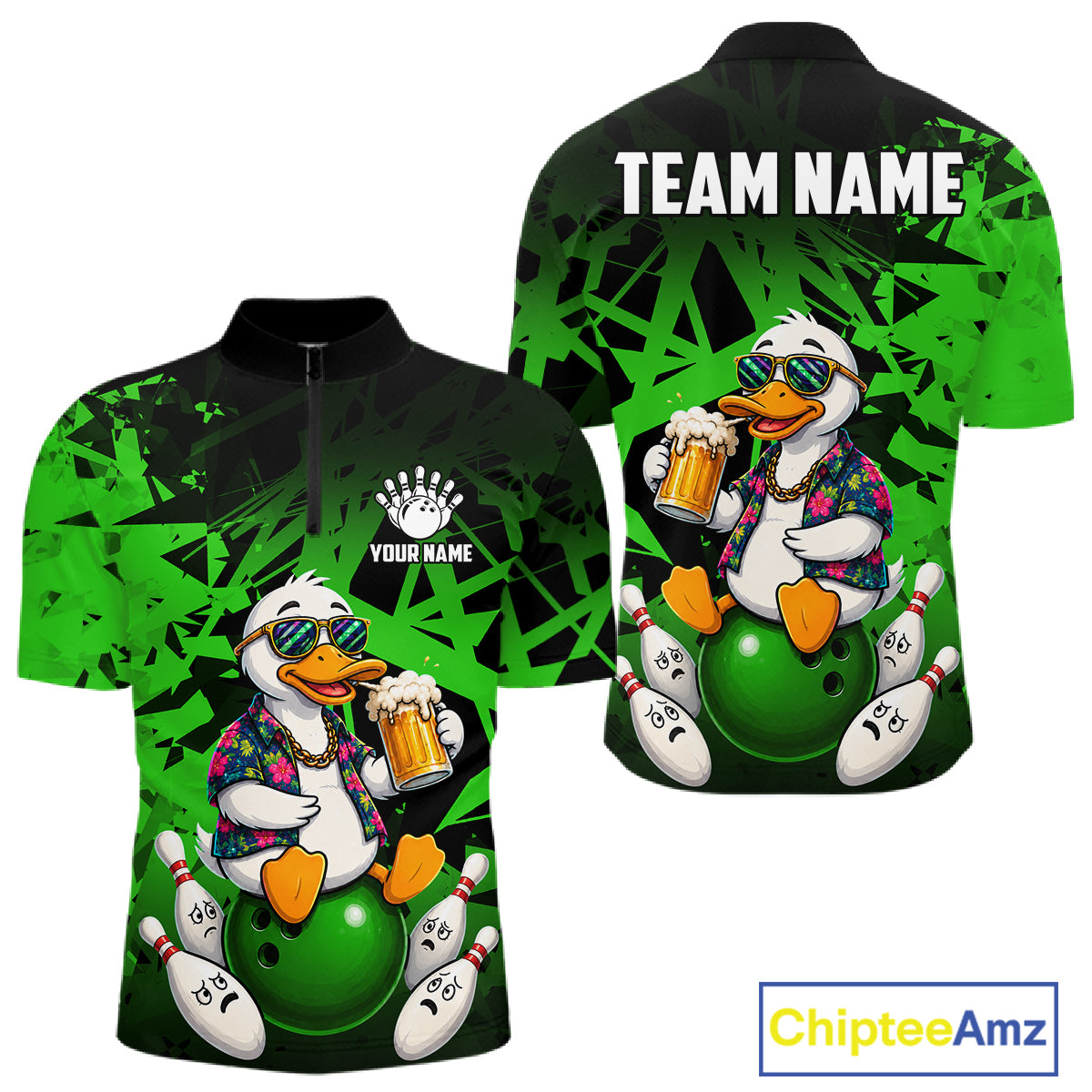 Personalized Green Funny Duck Beer Bowling Jersey For Men Bowling Team Shirt, Gift For Bowlers TDM7397