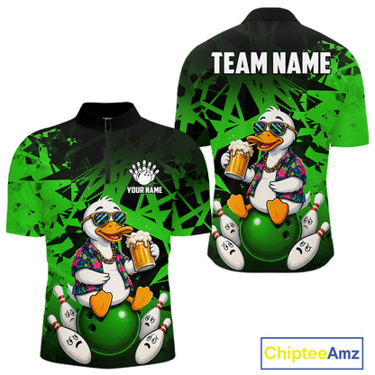 Personalized Green Funny Duck Beer Bowling Jersey For Men Bowling Team Shirt, Gift For Bowlers TDM7397
