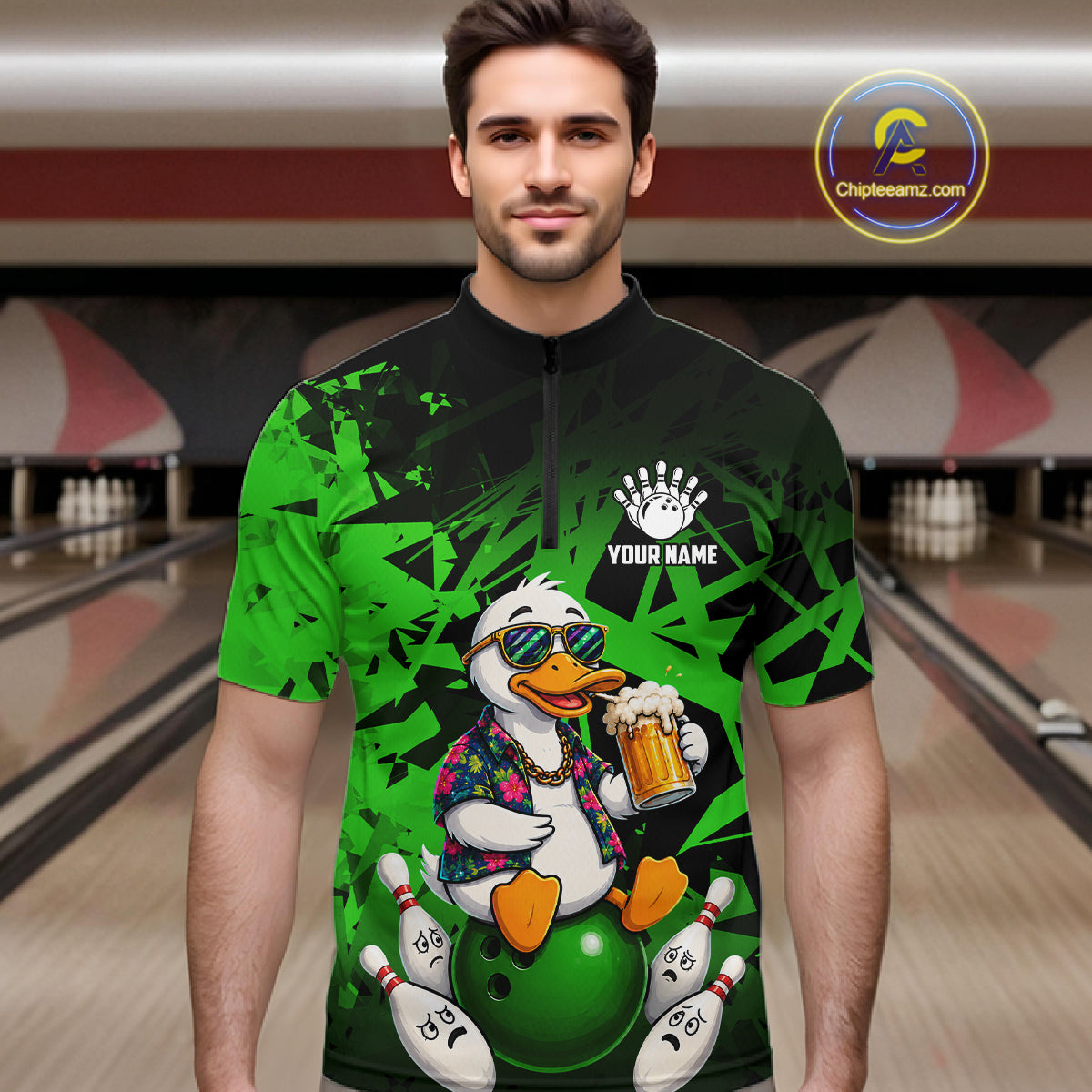 Personalized Green Funny Duck Beer Bowling Jersey For Men Bowling Team Shirt, Gift For Bowlers TDM7397