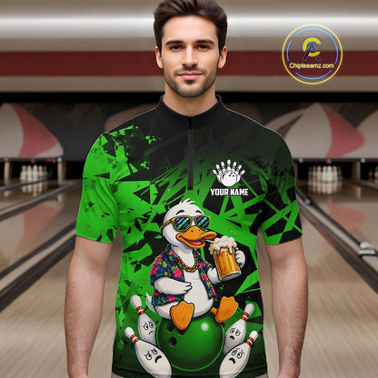 Personalized Green Funny Duck Beer Bowling Jersey For Men Bowling Team Shirt, Gift For Bowlers TDM7397