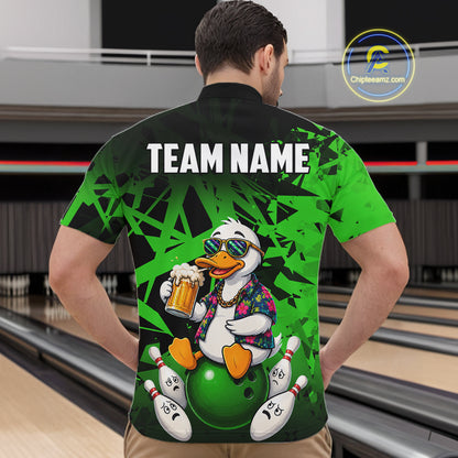 Personalized Green Funny Duck Beer Bowling Jersey For Men Bowling Team Shirt, Gift For Bowlers TDM7397