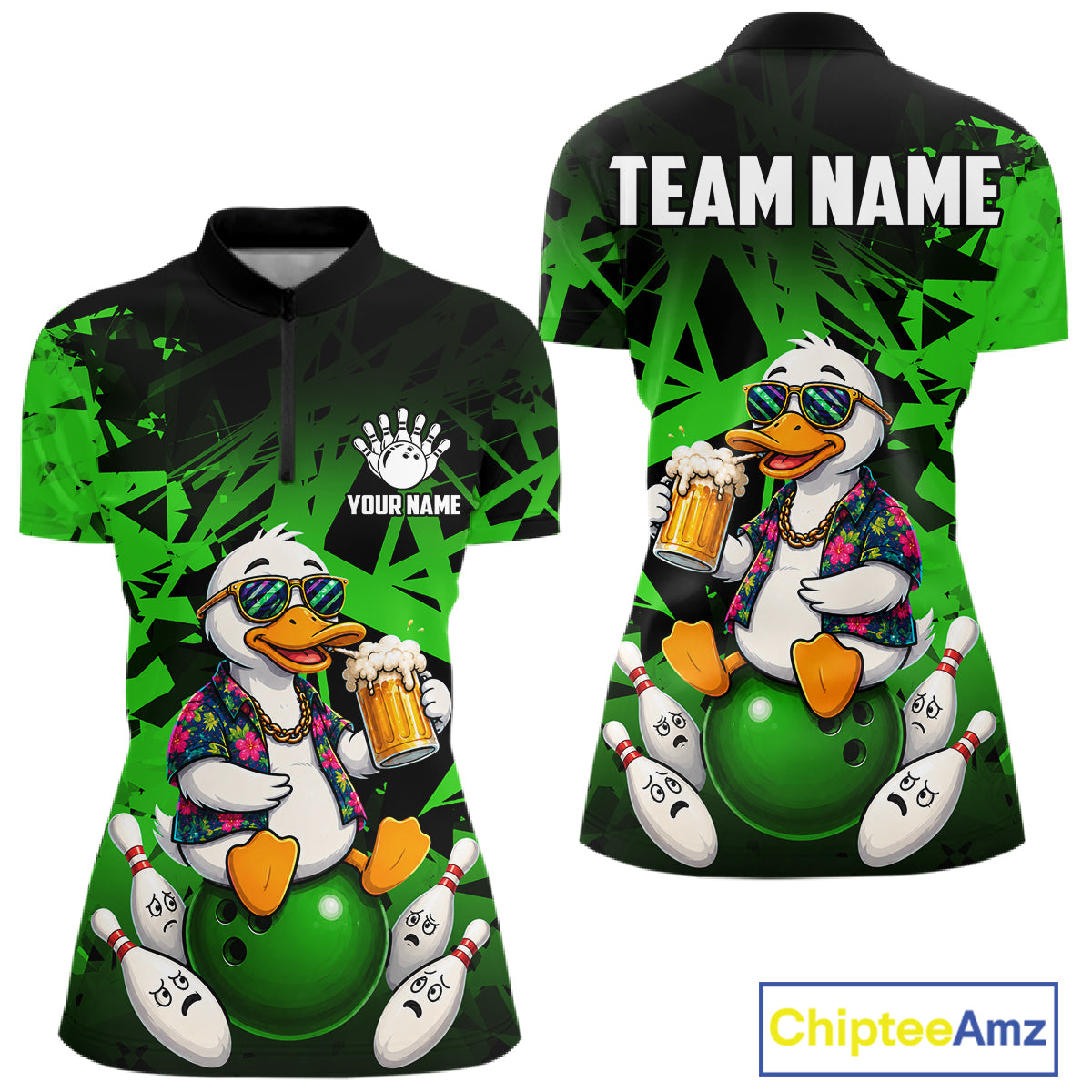 Personalized Green Funny Duck Beer Bowling Jersey For Women Bowling Team Shirt, Gift For Bowlers TDM7397
