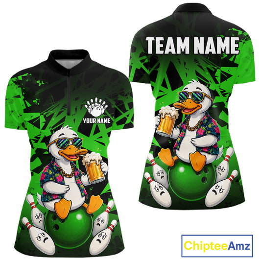 Personalized Green Funny Duck Beer Bowling Jersey For Women Bowling Team Shirt, Gift For Bowlers TDM7397