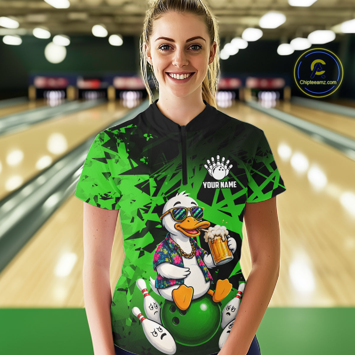 Personalized Green Funny Duck Beer Bowling Jersey For Women Bowling Team Shirt, Gift For Bowlers TDM7397