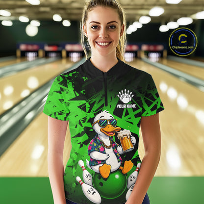 Personalized Green Funny Duck Beer Bowling Jersey For Women Bowling Team Shirt, Gift For Bowlers TDM7397