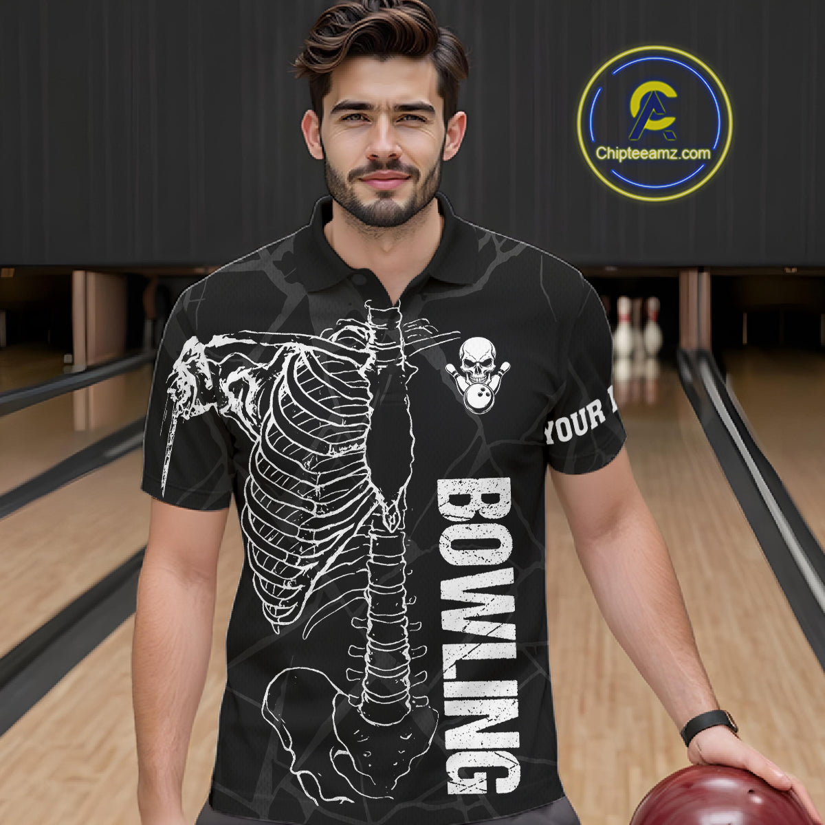 Black And White Funny Skeleton Bowling Shirts For Men Custom Skull Bowling League Team Jersey TDM7398