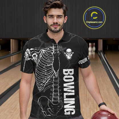 Black And White Funny Skeleton Bowling Shirts For Men Custom Skull Bowling League Team Jersey TDM7398