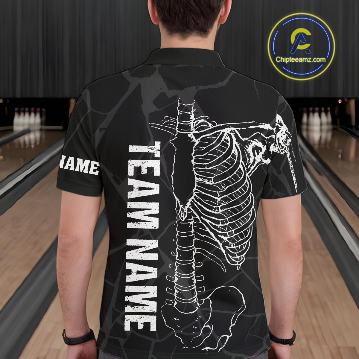 Black And White Funny Skeleton Bowling Shirts For Men Custom Skull Bowling League Team Jersey TDM7398