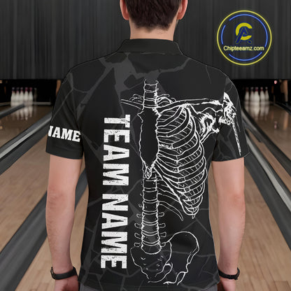 Black And White Funny Skeleton Bowling Shirts For Men Custom Skull Bowling League Team Jersey TDM7398