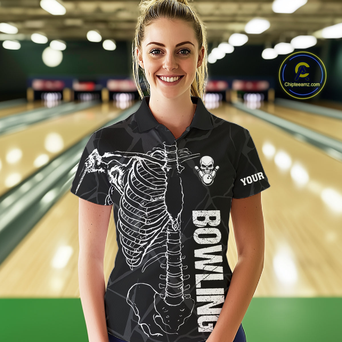 Black And White Funny Skeleton Bowling Shirts For Women Custom Skull Bowling League Team Jersey TDM7398