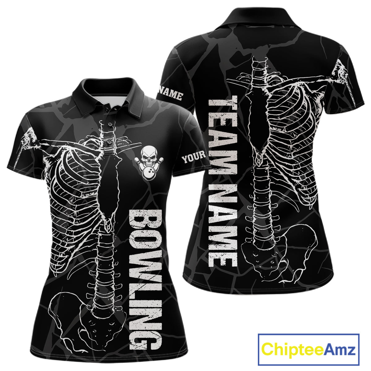 Black And White Funny Skeleton Bowling Shirts For Women Custom Skull Bowling League Team Jersey TDM7398