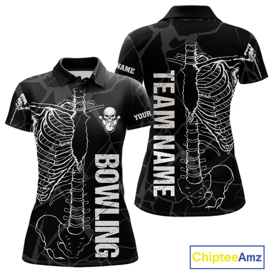 Black And White Funny Skeleton Bowling Shirts For Women Custom Skull Bowling League Team Jersey TDM7398