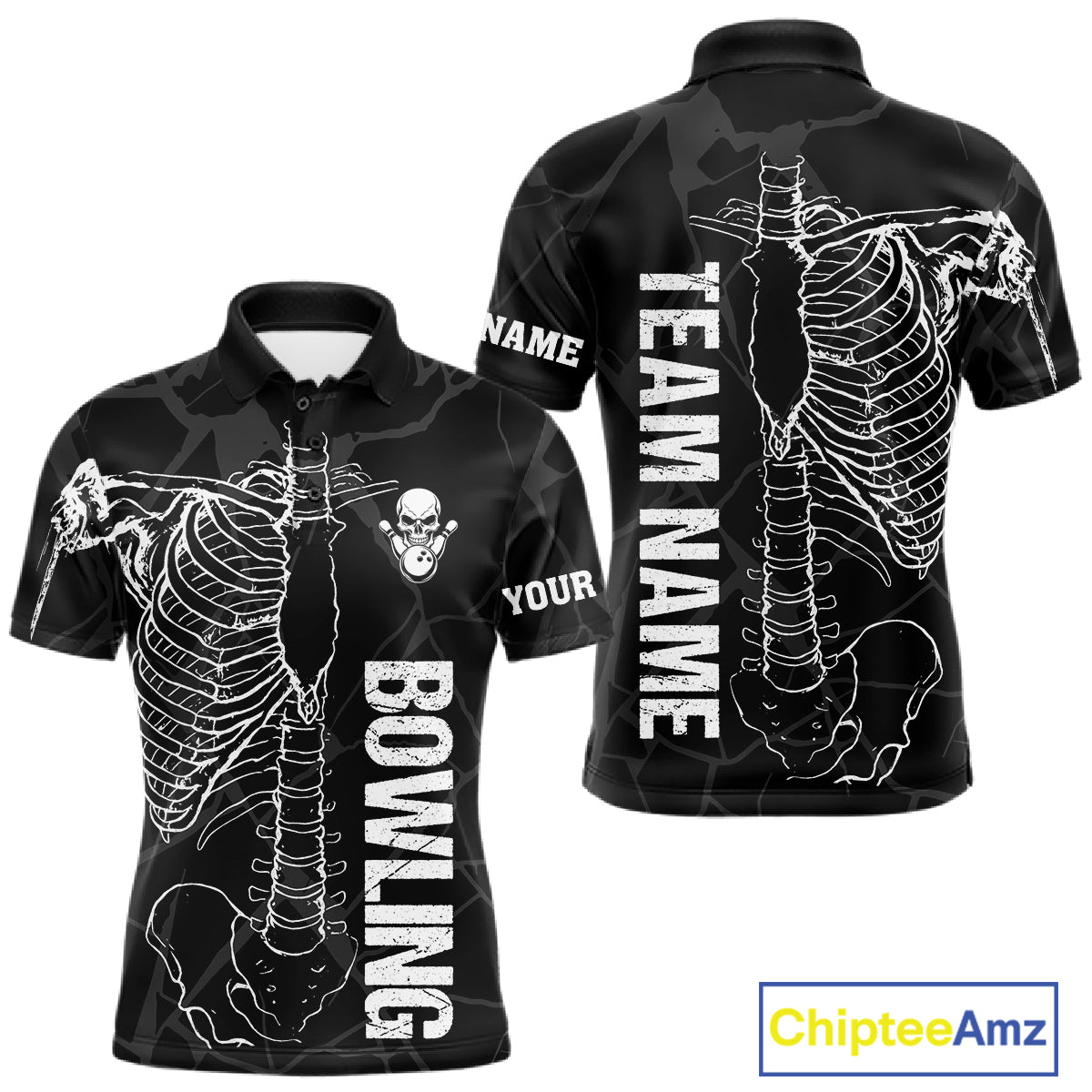 Black And White Funny Skeleton Bowling Shirts For Men Custom Skull Bowling League Team Jersey TDM7398