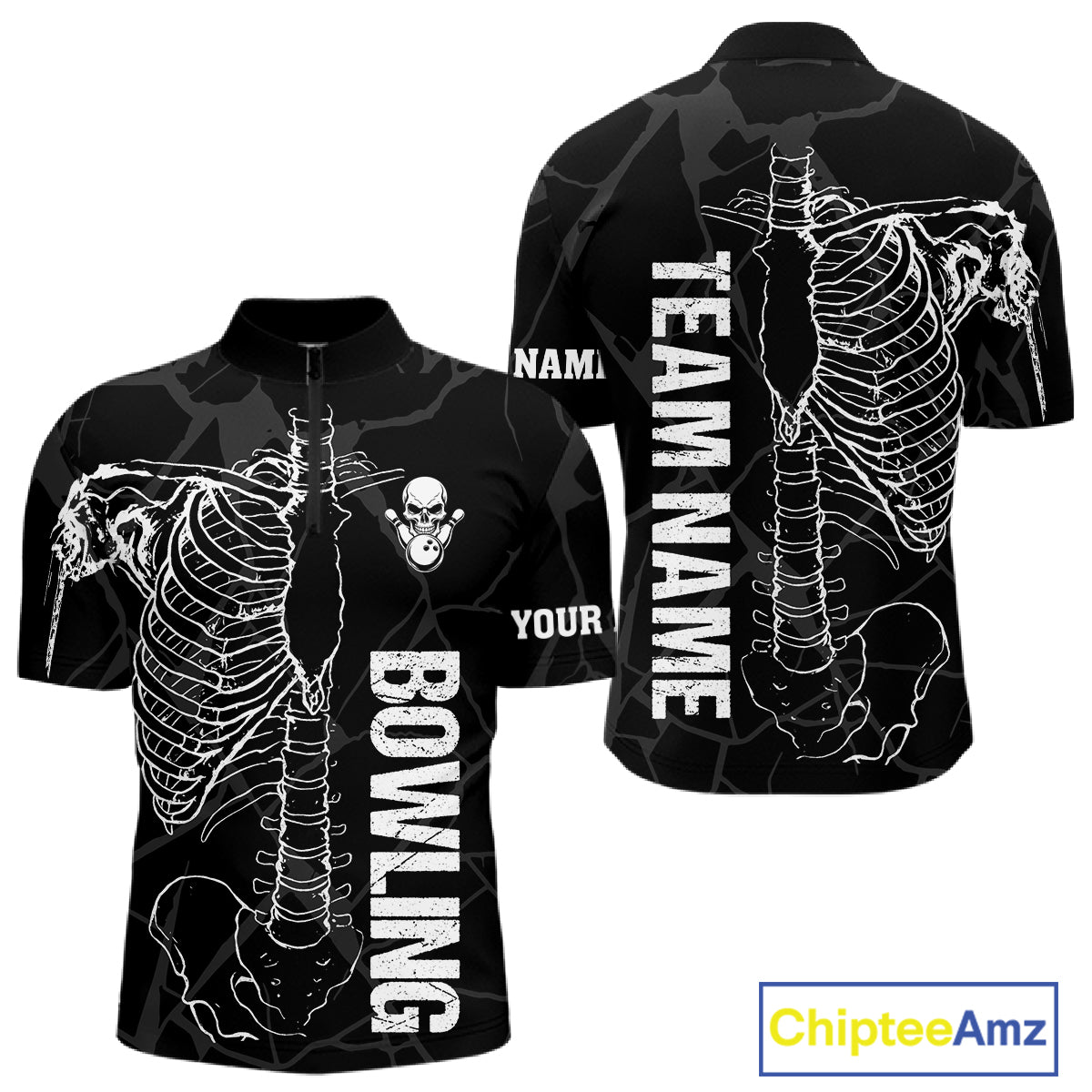 Black And White Funny Skeleton Bowling Shirts For Men Custom Skull Bowling League Team Jersey TDM7398