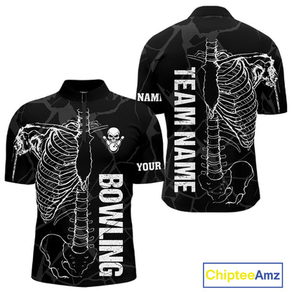 Black And White Funny Skeleton Bowling Shirts For Men Custom Skull Bowling League Team Jersey TDM7398