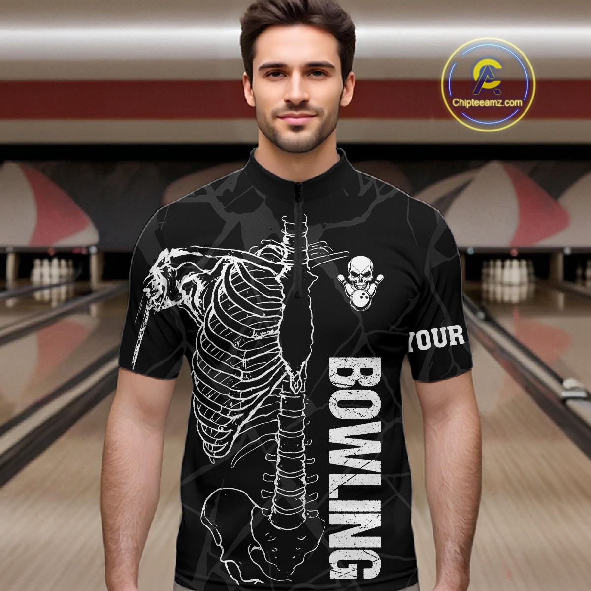 Black And White Funny Skeleton Bowling Shirts For Men Custom Skull Bowling League Team Jersey TDM7398