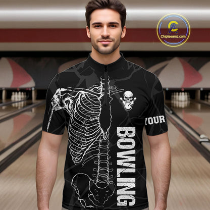 Black And White Funny Skeleton Bowling Shirts For Men Custom Skull Bowling League Team Jersey TDM7398