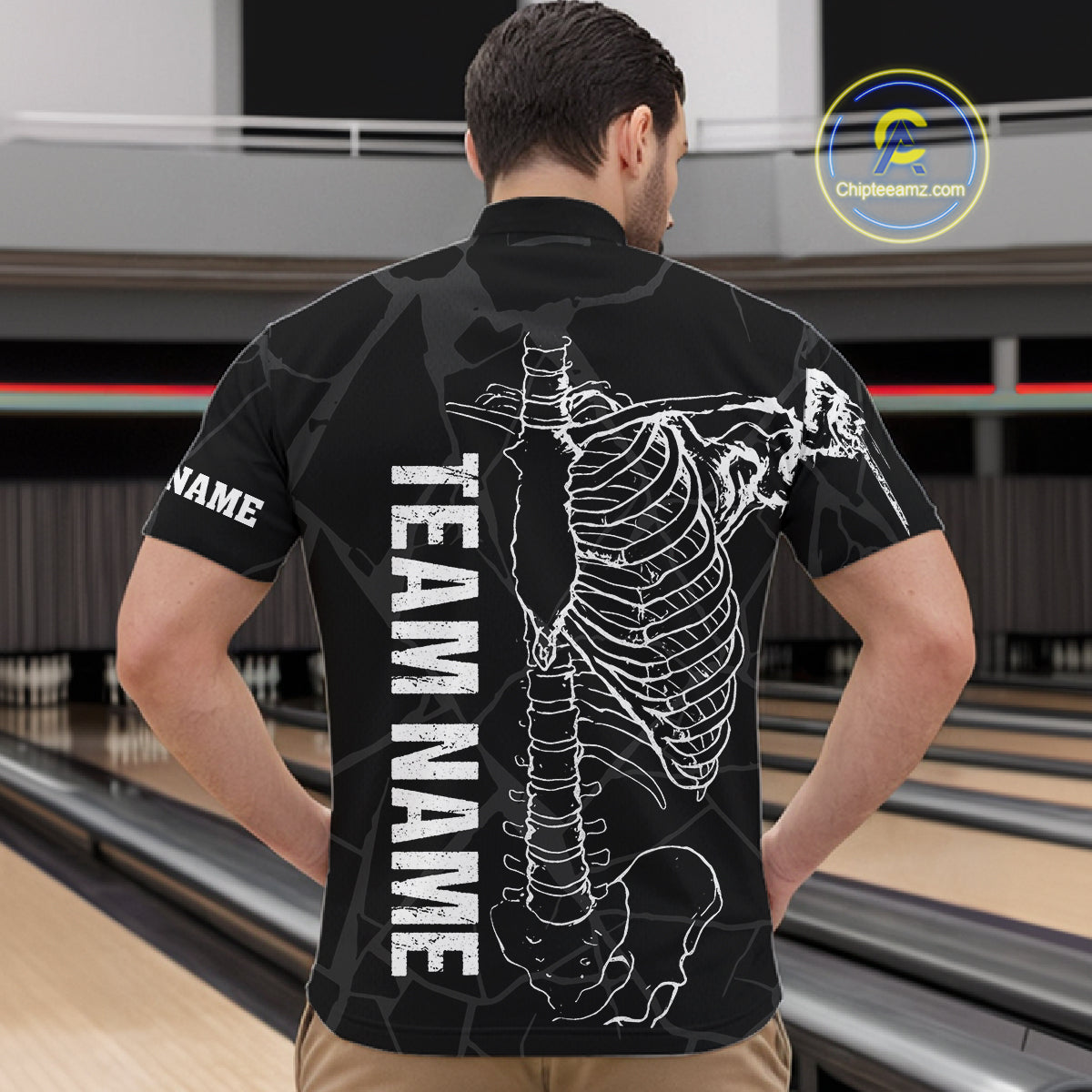 Black And White Funny Skeleton Bowling Shirts For Men Custom Skull Bowling League Team Jersey TDM7398