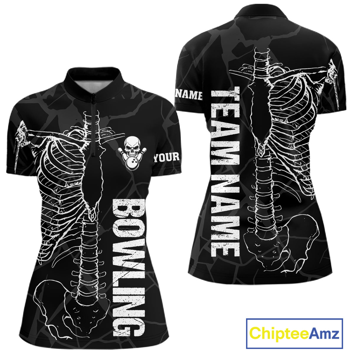 Black And White Funny Skeleton Bowling Shirts For Women Custom Skull Bowling League Team Jersey TDM7398
