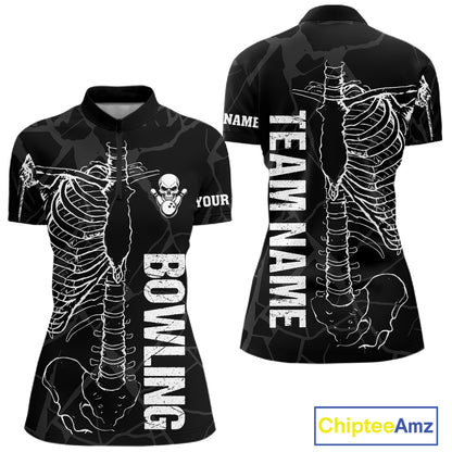 Black And White Funny Skeleton Bowling Shirts For Women Custom Skull Bowling League Team Jersey TDM7398